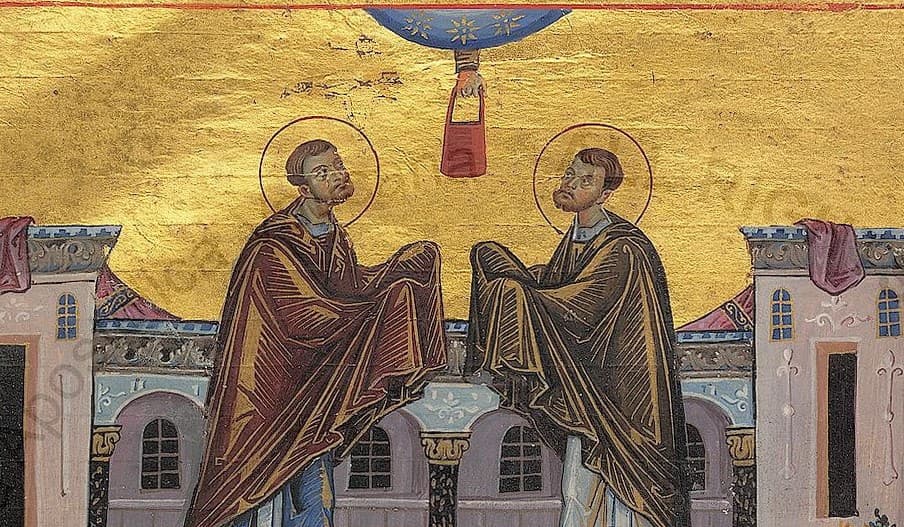 Svätí Kozma a Damián. Miniatúra menológiona Bazila II., 985. Vatikánska knižnica, wikimedia commons