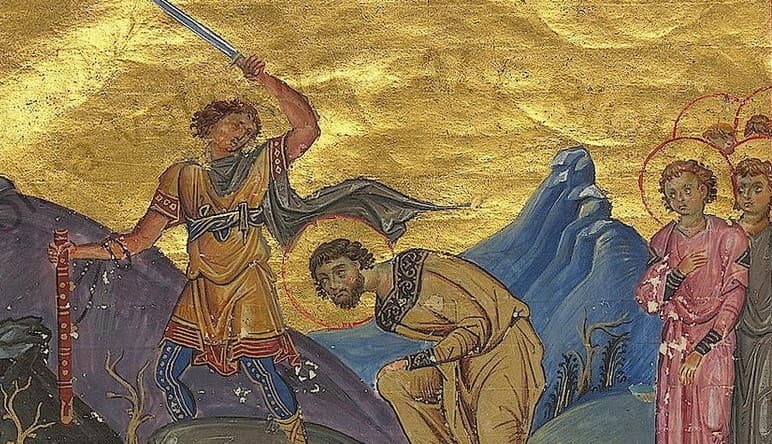Svätý mučeník Kallistrat a jeho spoločníci. Miniatúra menológiona Bazila II. 985, Vatikánska knižnica, wikimedia commons