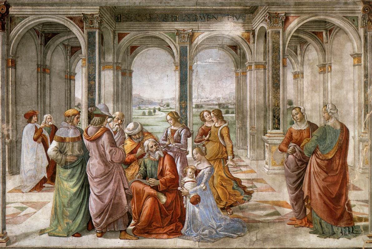 Domenico Ghirlandaio: Zachariáš zapisuje meno svojho syna Jána,Florencia 1490, Zdroj: wikimedia commons