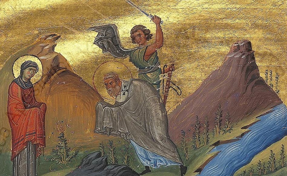 Martýrium svätých Cypriána a Justíny. Miniatúra menológiona Bazila II., 985. Vatikánska knižnica, wikimedia commons