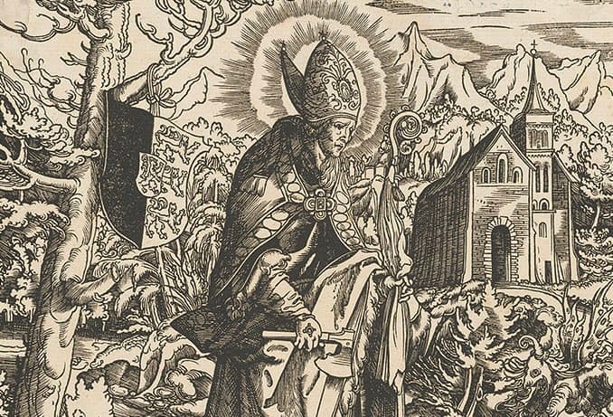 Svätý Wolfgang z Regensburgu, rok vzniku 1518, autor Leonhard Beck, Zdroj: Wikimedia