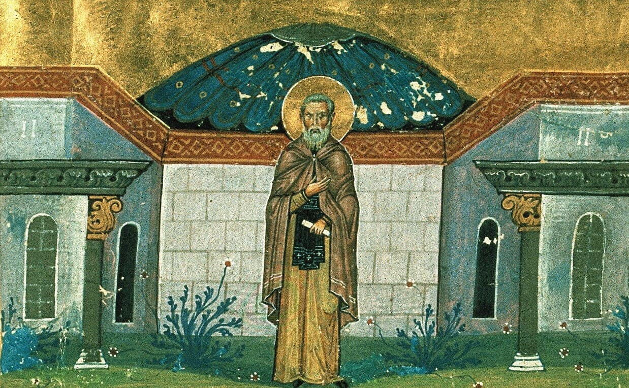 Svätý Gregor Dekapolita. Miniatúra menológiona Bazila II., 985, Vatikánska knižnica. Zdroj: wikimedia commons  