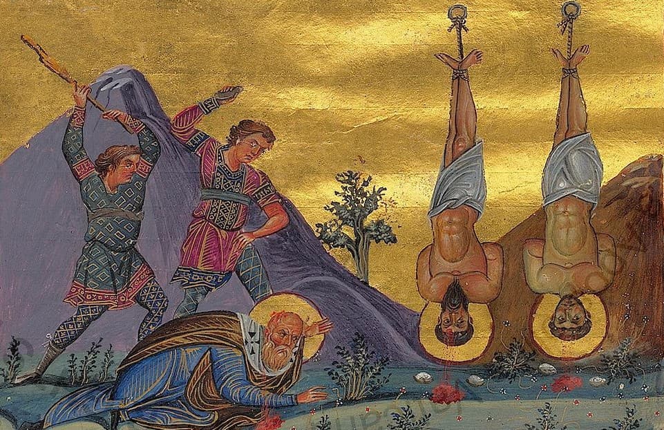 Svätí hieromučníci biskup Akepsimas, presbyter Jozef a diakon Aitalas, miniatúra Menológiona Bazila II. (985), Vatikánska knižnica. Zdroj: wikimedia commons