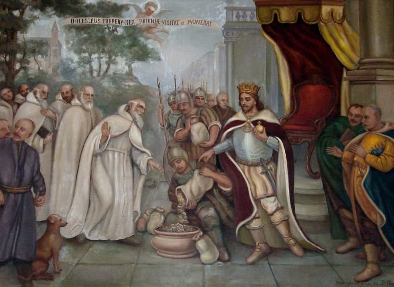 Kráľ Boleslav Chrabrý obdarúva mníchov. Zdroj: powiat.konin.pl