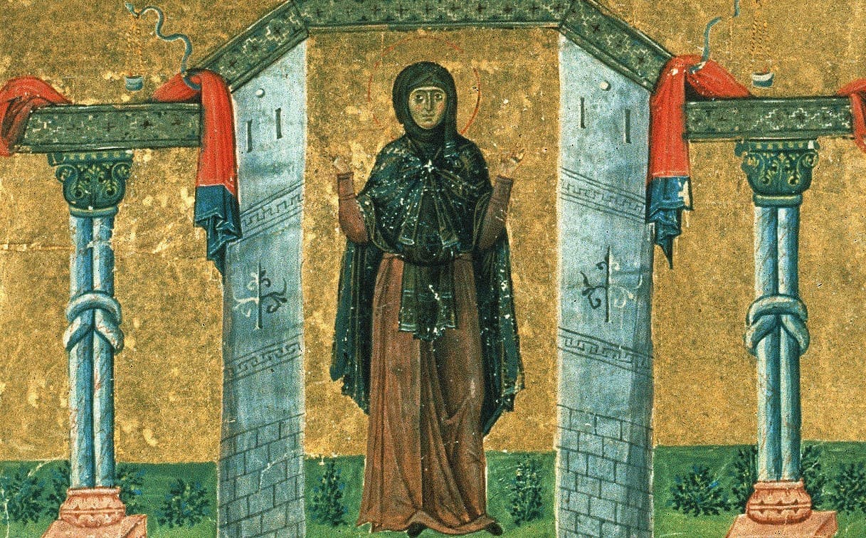 Prepodobná Melánia Rímska, miniatúra z Menológiona Bazila II. (985), Vatikánska knižnica. Zdroj: wikimedia commons