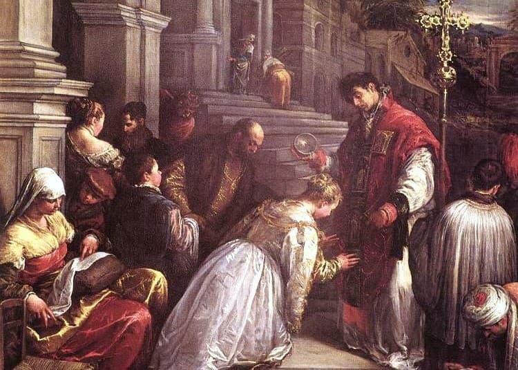 Jacopo Bassano: Svätý Valentín krstí svätú Lucillu. zdroj: wikimedia commons