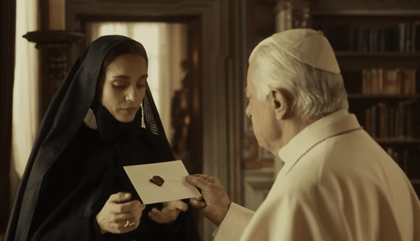 Františka Xavéria Cabriniová dostáva od pápeža Leva XIII. poverenie na misiu - záber z filmu Cabrini. Snímka obrazovky YouTube 