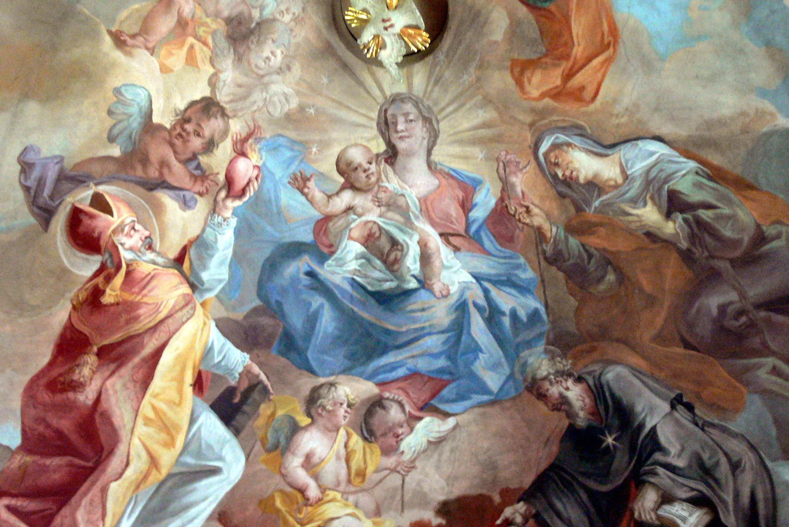 Panna Mária odovzdáva čierny opasok pokánia svätému Augustínovi a jeho matke svätej Monike. Baroková freska v Kostole svätého Ulricha pri Pillersee (1749). Zdroj: wikimedia commons