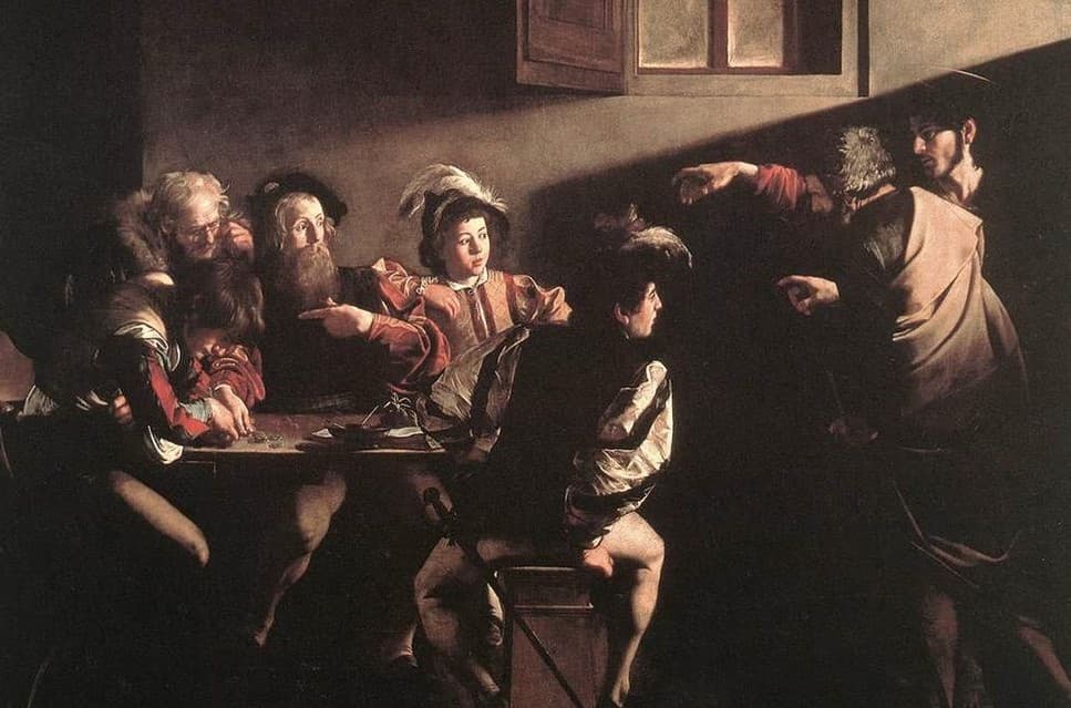 Caravaggio: Povolanie svätého Matúša. Kaplnka Contarelli Kostola San Luigi dei Francesi, wikimedia commons