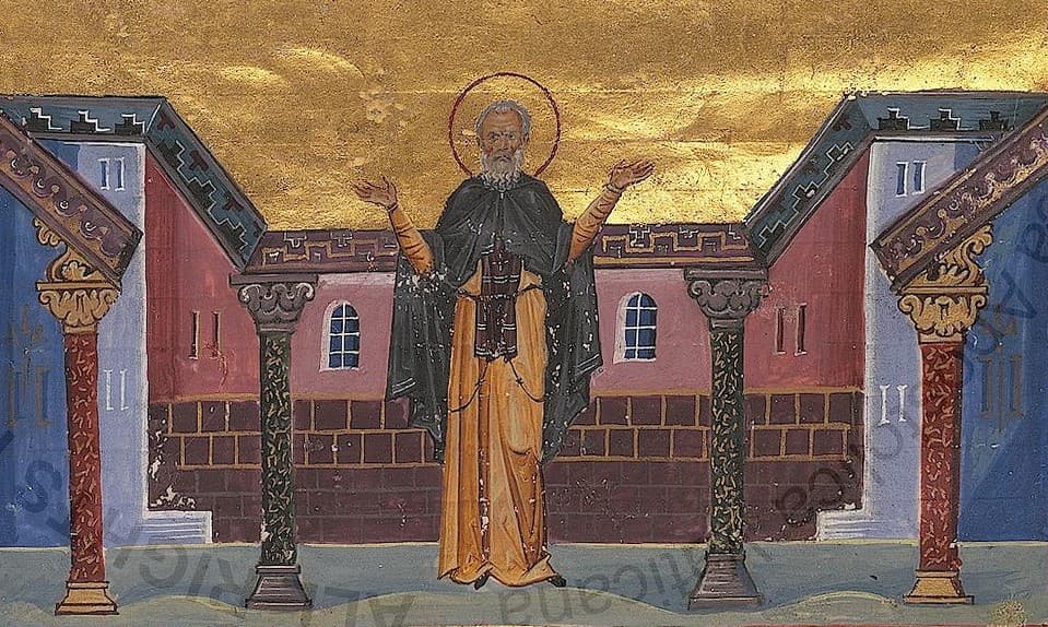 Prepodobný Kyriak Pustovník, miniatúra menológiona Bazila II., 985, Vatikánska knižnica. Zdroj: wikimedia commons