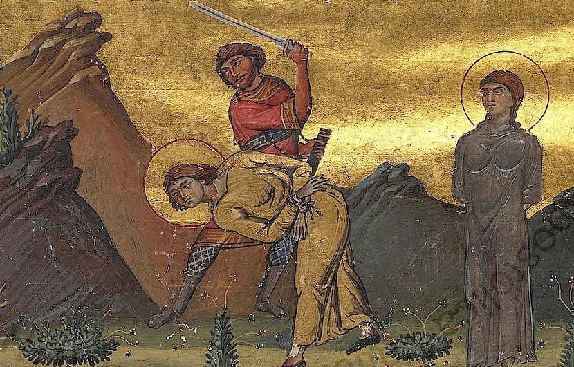 Martýrium svätých Eulampia a Eulampie. miniatúra z Menológiona Bazila II. (985), Vatikánska knižnica. Zdroj: wikimedia commons