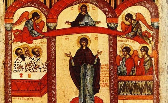 Novgorodská ikona Ochrana Božej Matky, 15. storočie, Tretiakovská galéria Moskva, zdroj: wikimedia commons