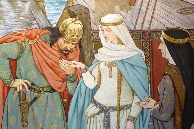 Malcolm víta Margarétu pri jej príchode do Škótska, detail nástennej maľby v Škótskej národnej portrétnej galérii. Zdroj: wikimedia