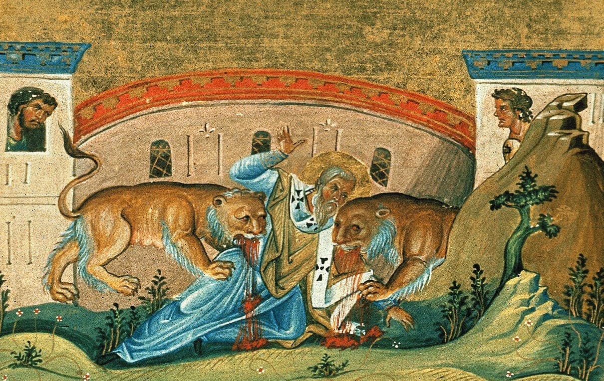 Martýrium svätého Ignáca Bohonositeľa, miniatúra v Menológione Bazila II., 985, Vatikánska knižnica. Zdroj: wikimedia commons