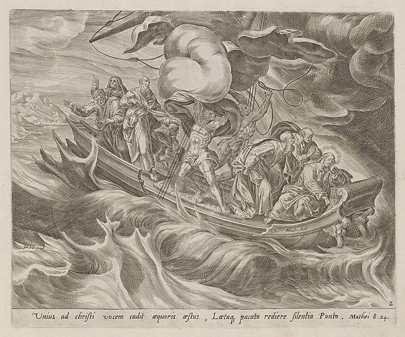 Herman Müller: Spiaci Ježiš s učeníkmi na rozbúrenom mori, medirytina (1615). Zdroj: webumenia.sk