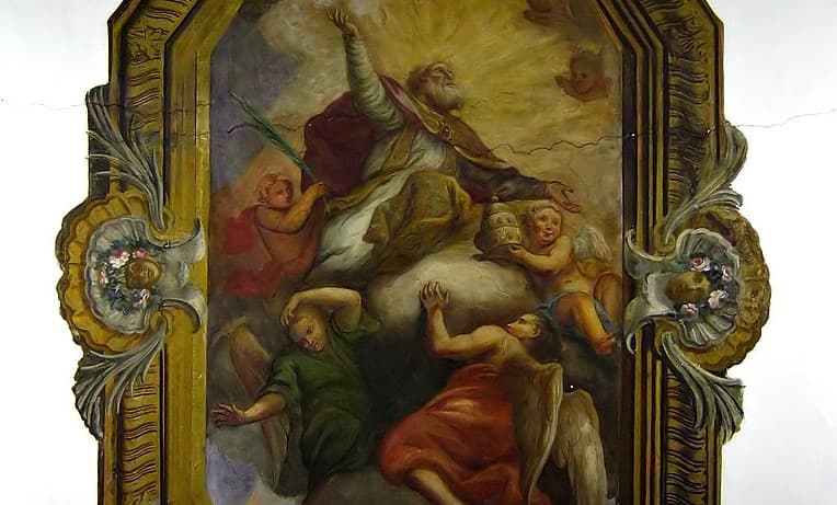 Giovanni Battista Ciocchi: Stropná freska Gloria di San Marcello, sakristia Kostola San Marcello al Corso v Ríme. Zdroj: wikimedia commons, CC BY 2.0