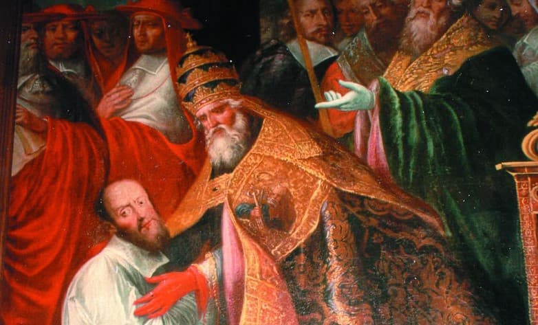 Pápež Klement VIII. blahoželá Františkovi Saleskému po menovaní za biskupa. Zdroj: wikimedia commons