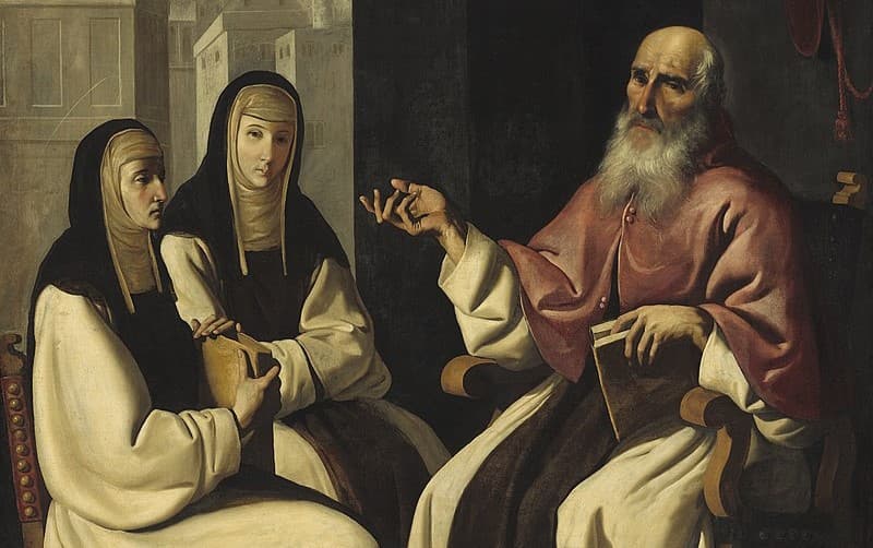 Svätá Paula so svojou dcérou Eustochiou v rozhovore so svätým Hieronymom, olejomaľba (17. storočie). Zdroj: wikimedia commons CC0