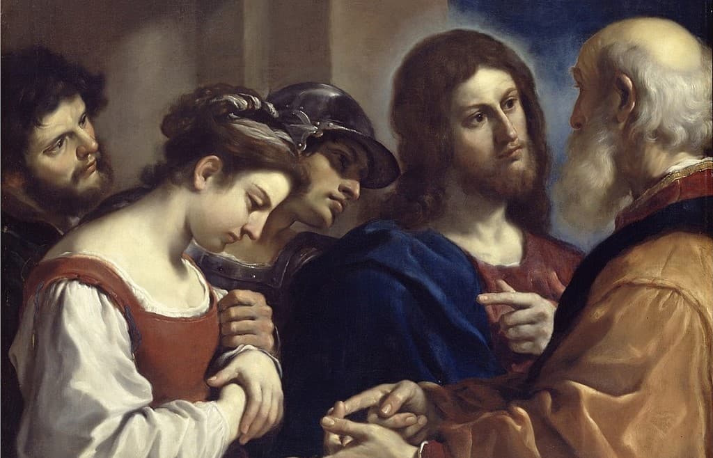 Guercino: Kristus a žena prichytená pri cudzoložstve (1621). Zdroj: wikimedia commons