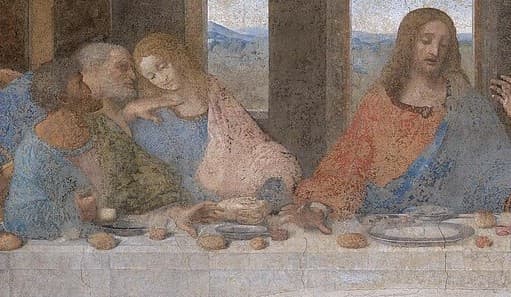 Leonardo da Vinci: Posledná večera (medzi 1494 a 1498), detail; zľava Judáš, Peter, Ján a Ježiš. Zdroj: wikimedia commons