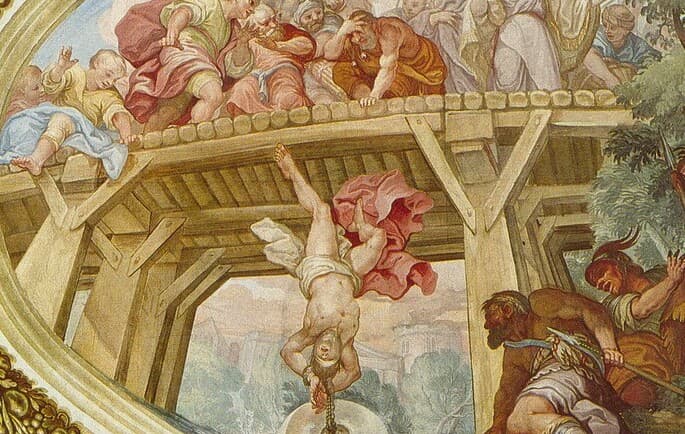 Pád svätého Floriána z mosta, detail stropnej fresky opátskej Baziliky svätého Floriána. Zdroj: wikimedia commons