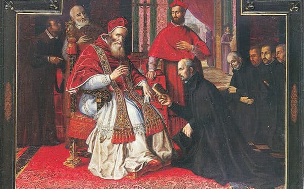 Ignác odovzdáva Pavlovi III. štatúty Spoločnosti Ježišovej. Zdroj: jesuiten.org