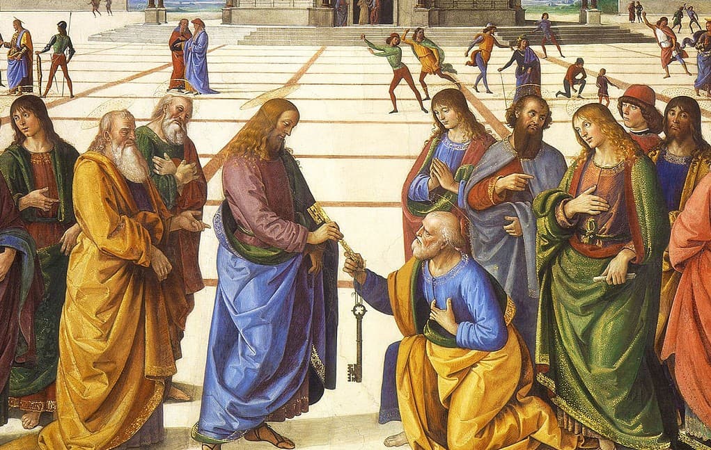Pietro Perugino: Kristus podáva Petrovi kľúč od nebeského kráľovstva, detail fresky v Sixtínskej kaplnke (asi 1481). Zdroj: wikimedia commons
