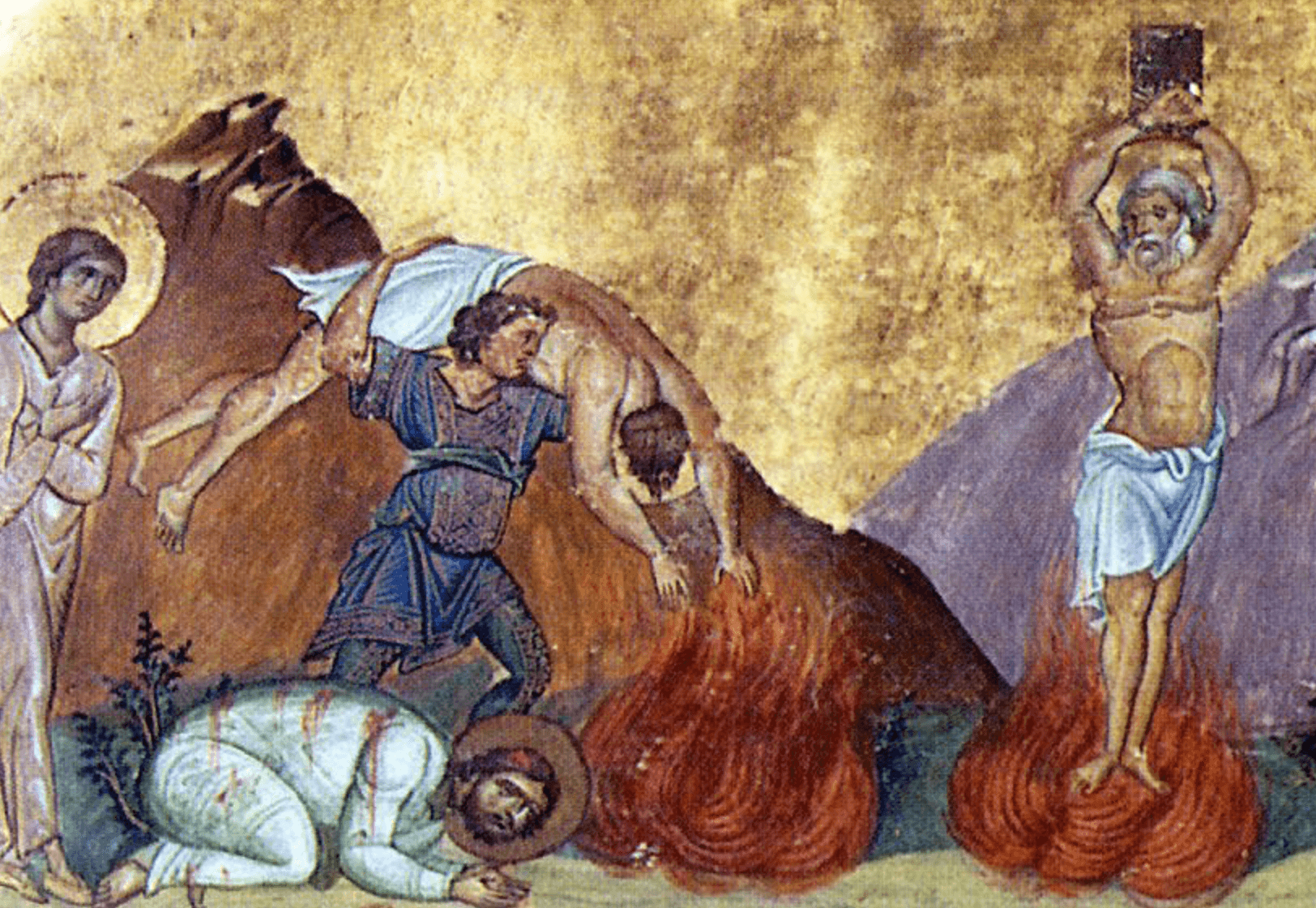 Svätí mučeníci Karpos, Papyl a Agatonika, zobrazenie na ikone. Zdroj: wikimedia commons