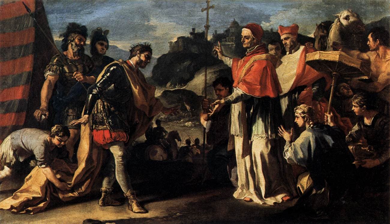 Francesco Solimena: Stretnutie pápeža Leva I. s Attilom. Zdroj: wikimedia