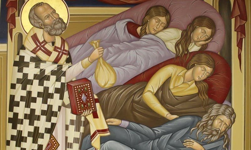 Svätý arcibiskup Mikuláš obdarúva tri sestry a ich otca. Zdroj: wikimedia