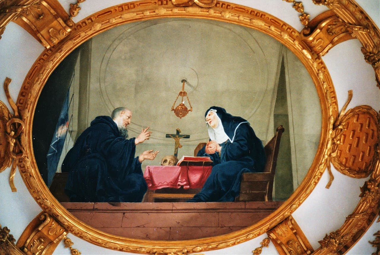 Svätí Benedikt a Scholastika počas rozhovoru, kláštorný kostol Elchingen. Zdroj: wikimedia commons